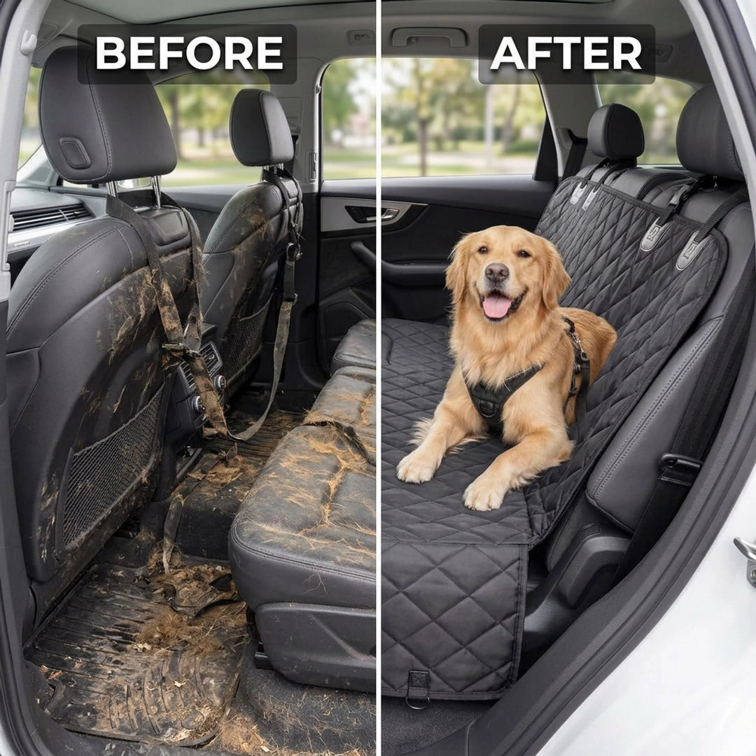 Before and after comparison of a car back seat with and without the PawRide seat cover