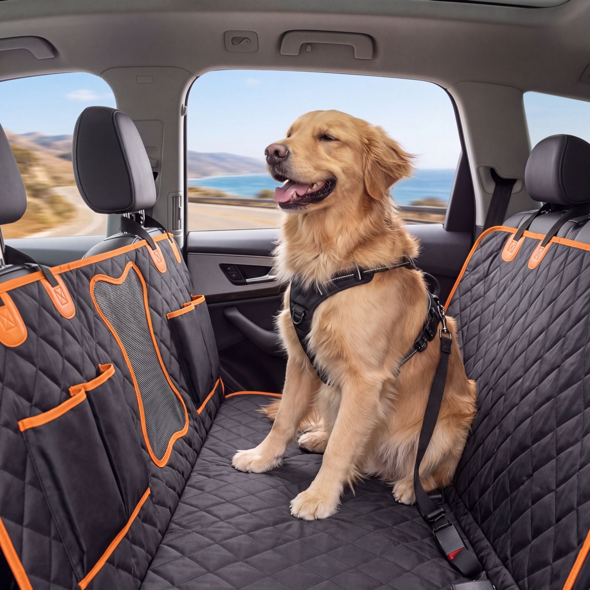 Golden retriever riding in a black PawRide waterproof dog car seat hammock with orange trim, looking out the car window at a coastal mountain road