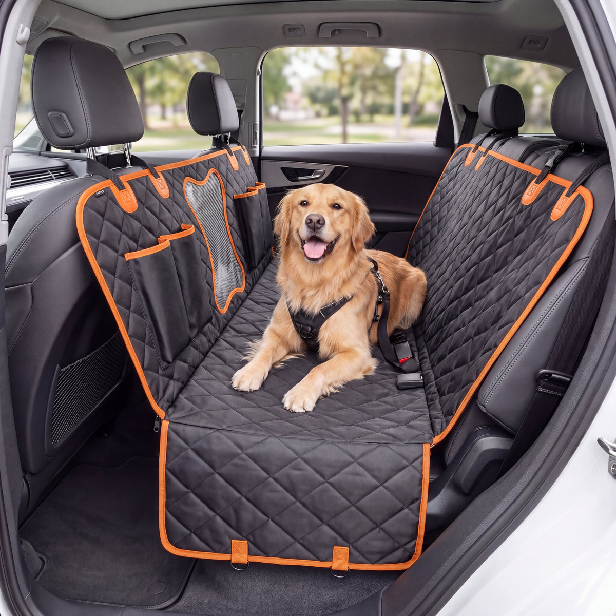 Golden retriever lying comfortably on a black PawRide waterproof dog car seat hammock with orange trim, park visible through the car window